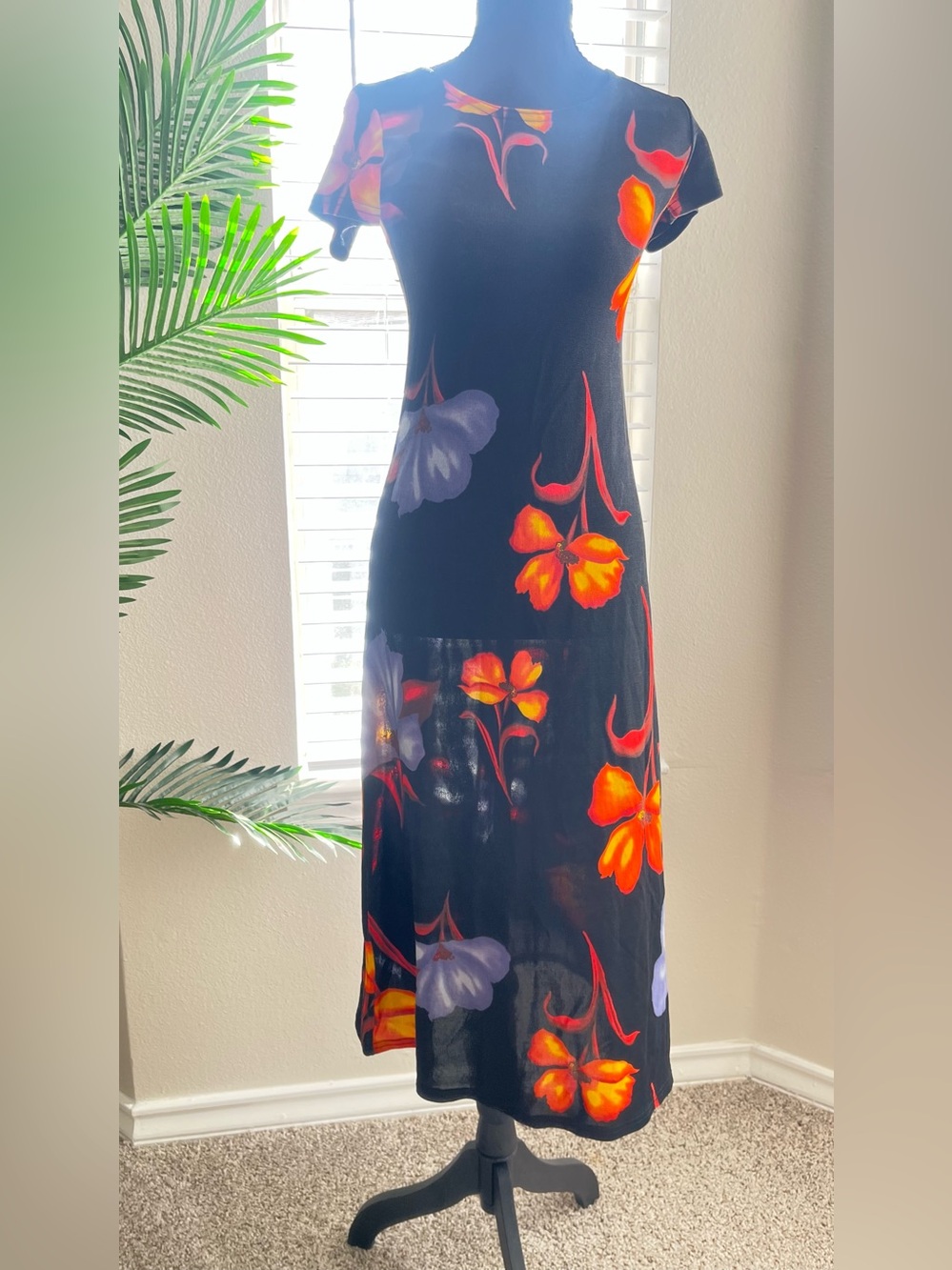 Vintage Floral Black Dress with Orange & Purple Blooms